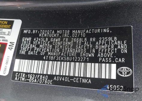 2011 Toyota Camry Le z USA, uszkodzony, nr VIN 4T1BF3EK5BU123271